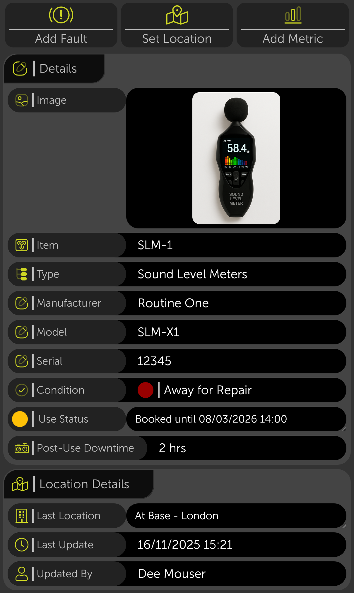 KiTrackr equipment overview details from calendar